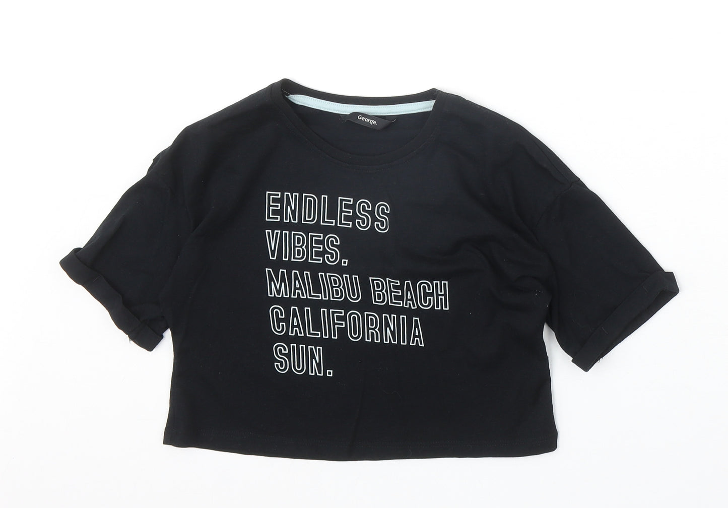 George Girls Black Cotton Basic T-Shirt Size 6-7 Years Round Neck Pullover - Malibu Beach Endless Vibes