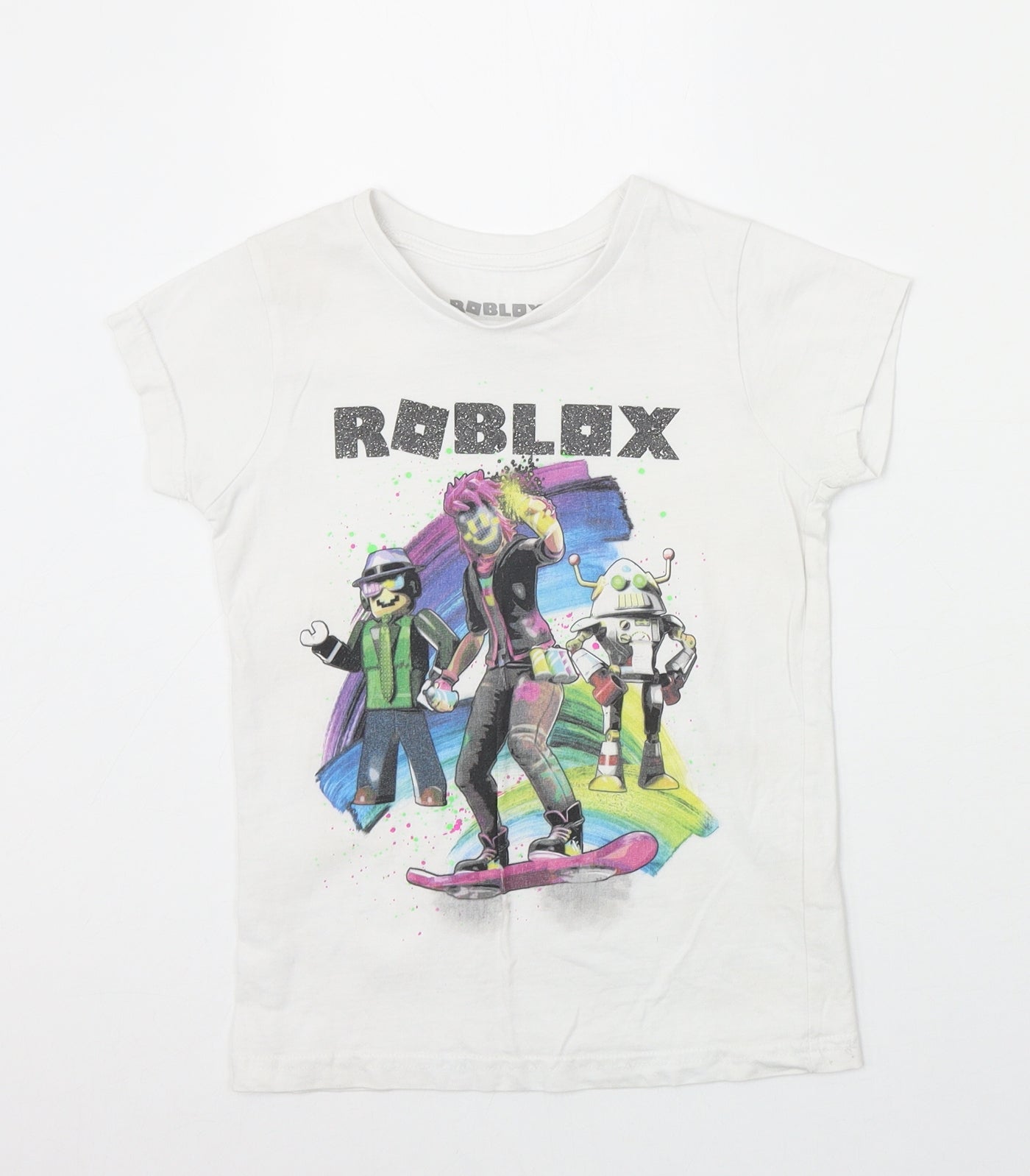 Preworn Boys Ivory 100% Cotton Basic T-Shirt Size 6-7 Years Round Neck Pullover - Roblox