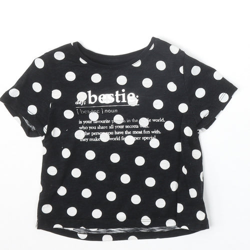 F&F Girls Black Polka Dot 100% Cotton Basic T-Shirt Size 6-7 Years Round Neck Pullover - Bestie Slogan