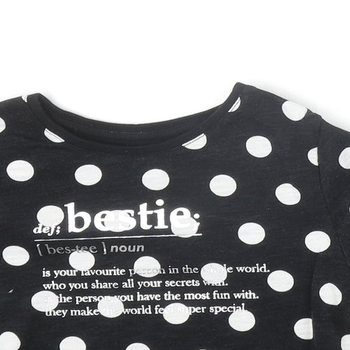 F&F Girls Black Polka Dot 100% Cotton Basic T-Shirt Size 6-7 Years Round Neck Pullover - Bestie Slogan