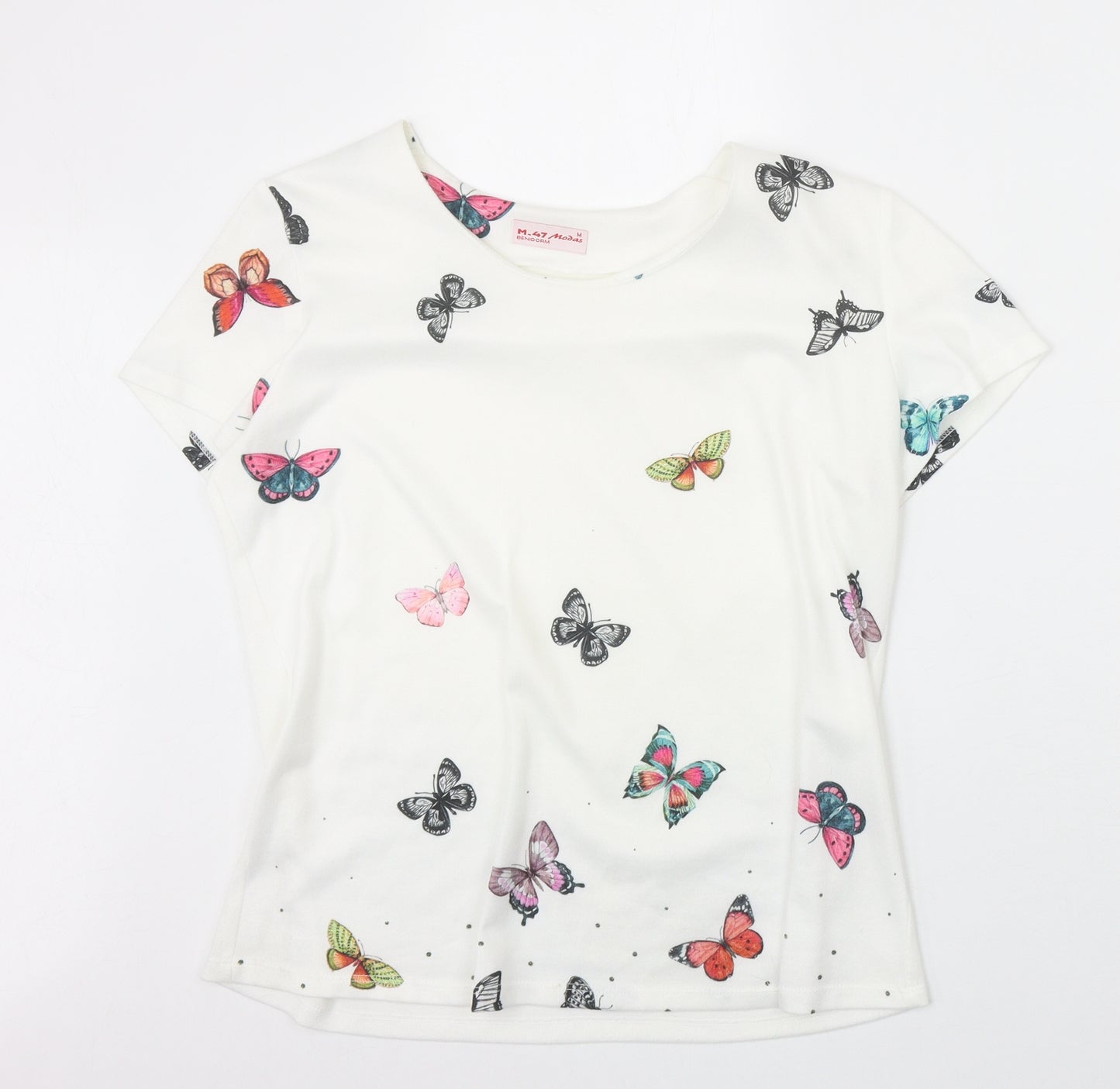 M47 Womens White Geometric Viscose Basic T-Shirt Size M Boat Neck - Butterfly