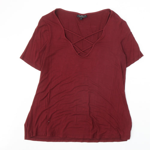 Topshop Womens Red Viscose Basic T-Shirt Size 8 V-Neck