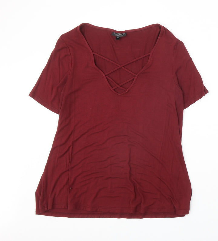 Topshop Womens Red Viscose Basic T-Shirt Size 8 V-Neck