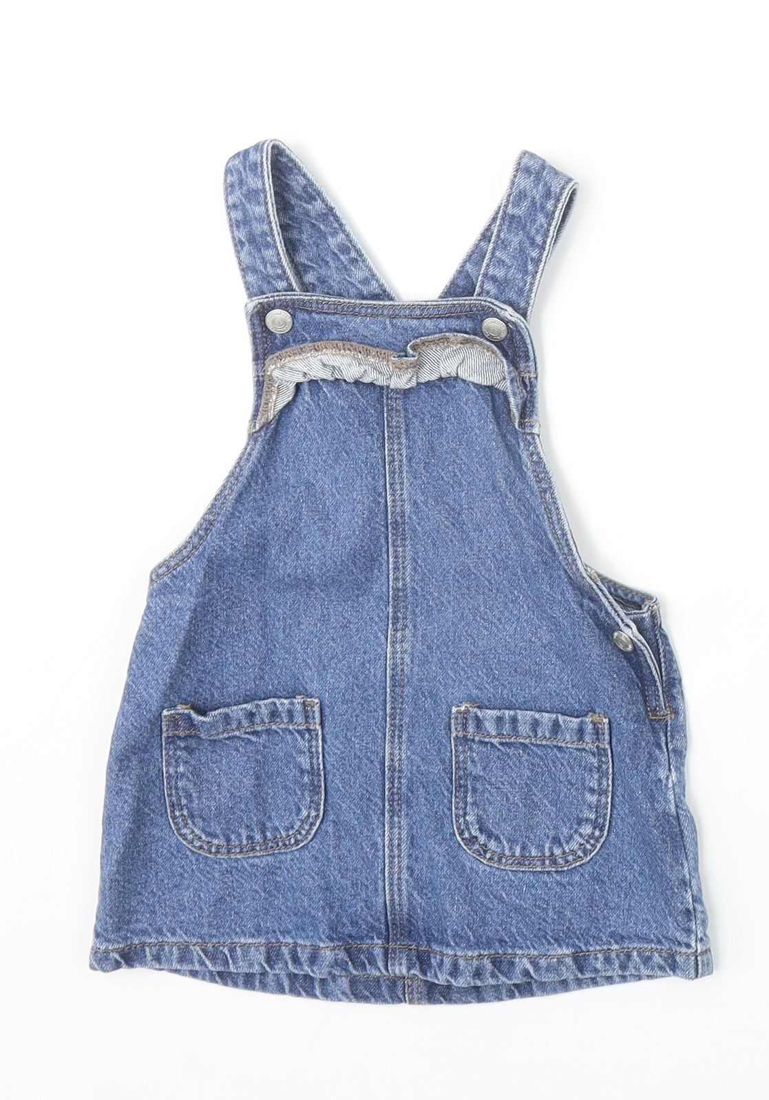 F&F Girls Blue 100% Cotton Pinafore/Dungaree Dress Size 12-18 Months Square Neck Button