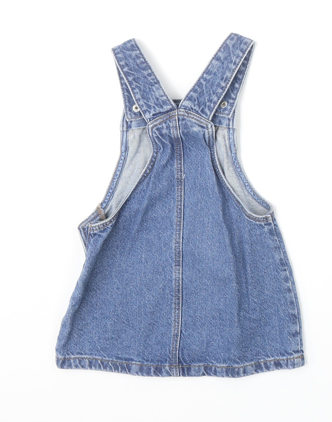 F&F Girls Blue 100% Cotton Pinafore/Dungaree Dress Size 12-18 Months Square Neck Button
