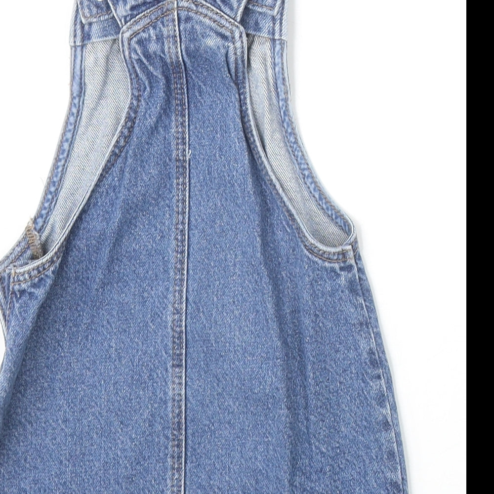 F&F Girls Blue 100% Cotton Pinafore/Dungaree Dress Size 12-18 Months Square Neck Button