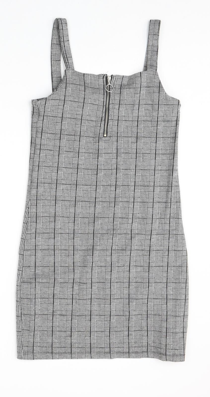 New Look Girls Grey Plaid Polyester Pinafore/Dungaree Dress Size 14-15 Years Square Neck Zip