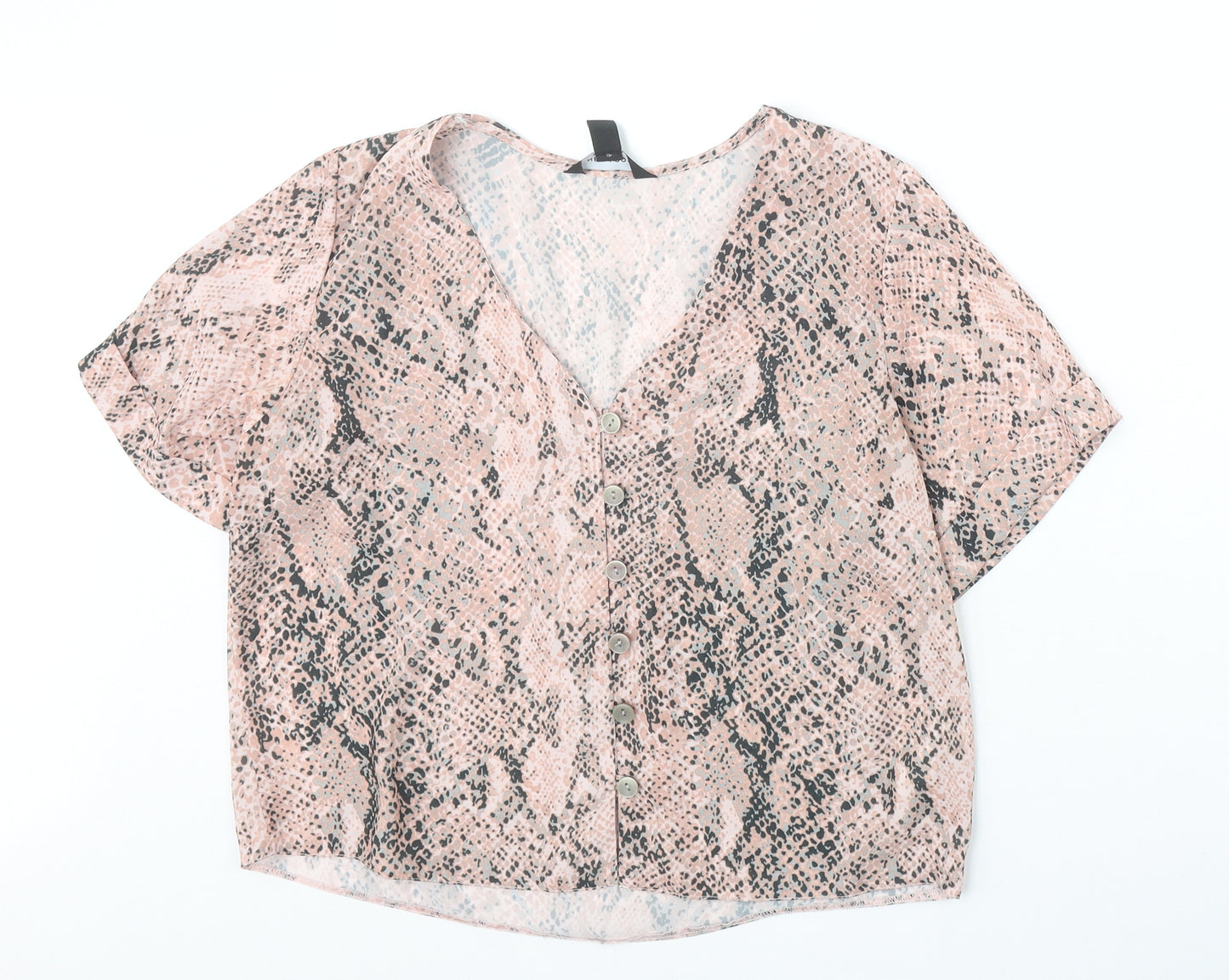 New Look Womens Pink Animal Print Polyester Cropped Blouse Size 12 V-Neck - Snake Skin Print