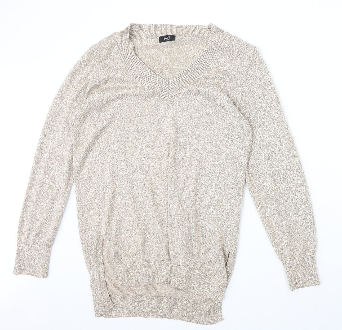 F&F Womens Beige V-Neck Viscose Pullover Jumper Size 12