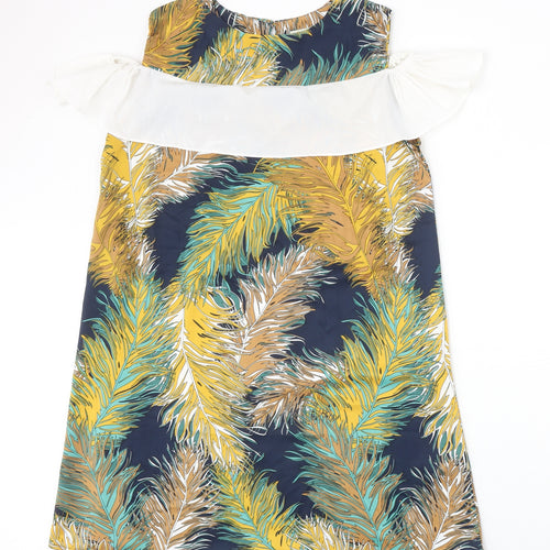 Buti Womens Multicoloured Geometric Polyester Shift Size L Scoop Neck Button - Feather Cold Shoulder