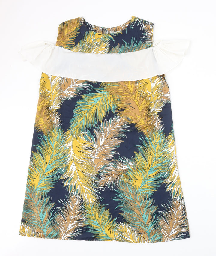Buti Womens Multicoloured Geometric Polyester Shift Size L Scoop Neck Button - Feather Cold Shoulder