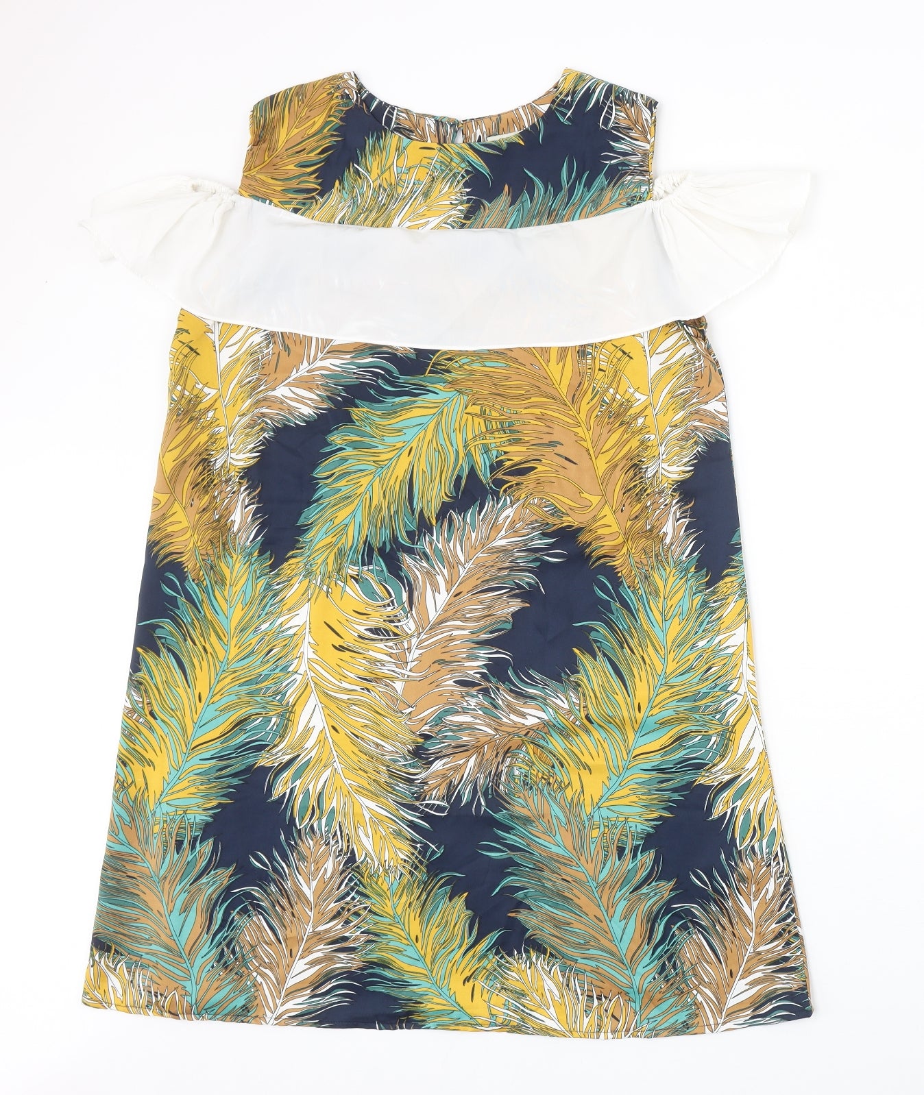 Buti Womens Multicoloured Geometric Polyester Shift Size L Scoop Neck Button - Feather Cold Shoulder