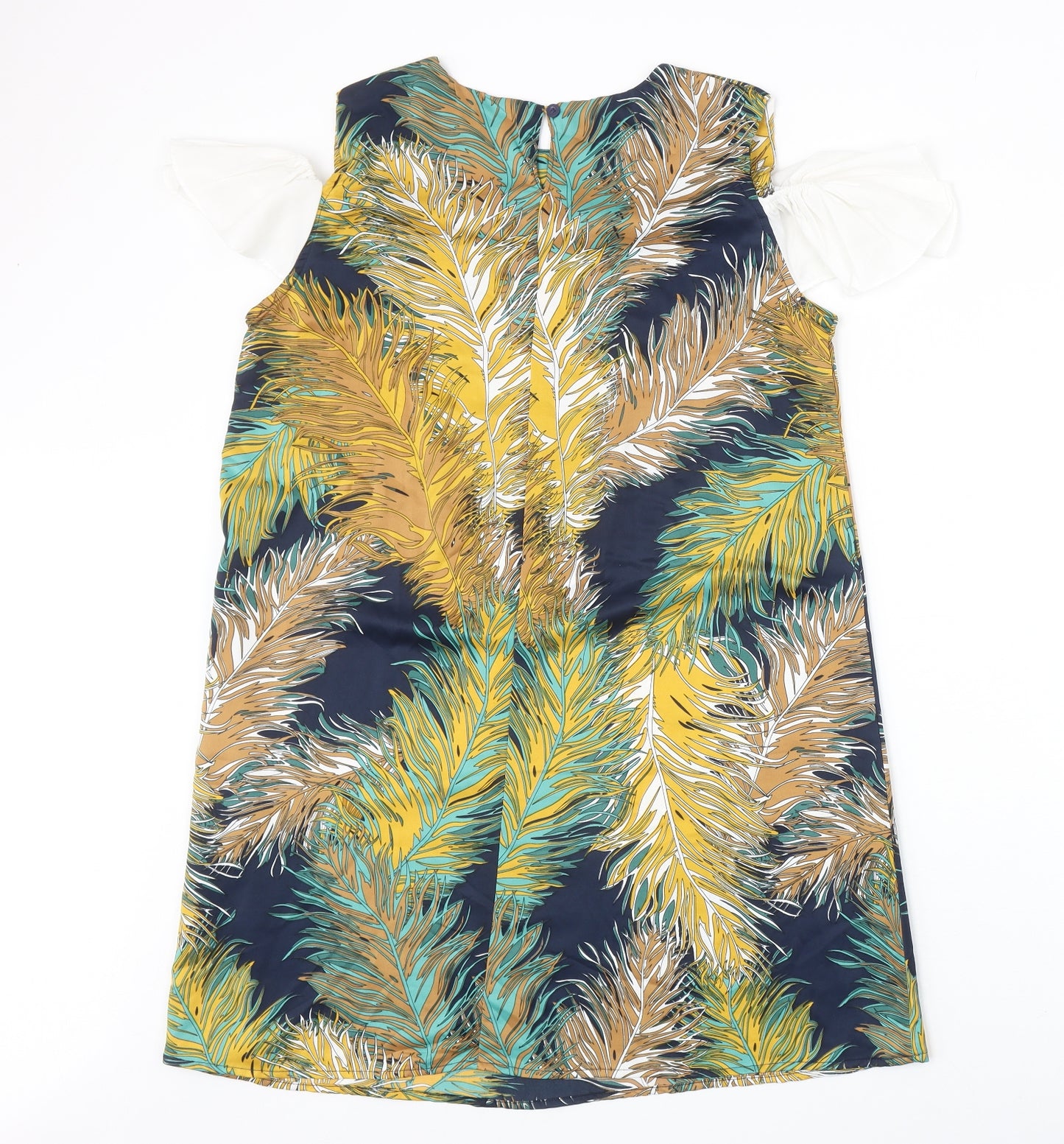 Buti Womens Multicoloured Geometric Polyester Shift Size L Scoop Neck Button - Feather Cold Shoulder