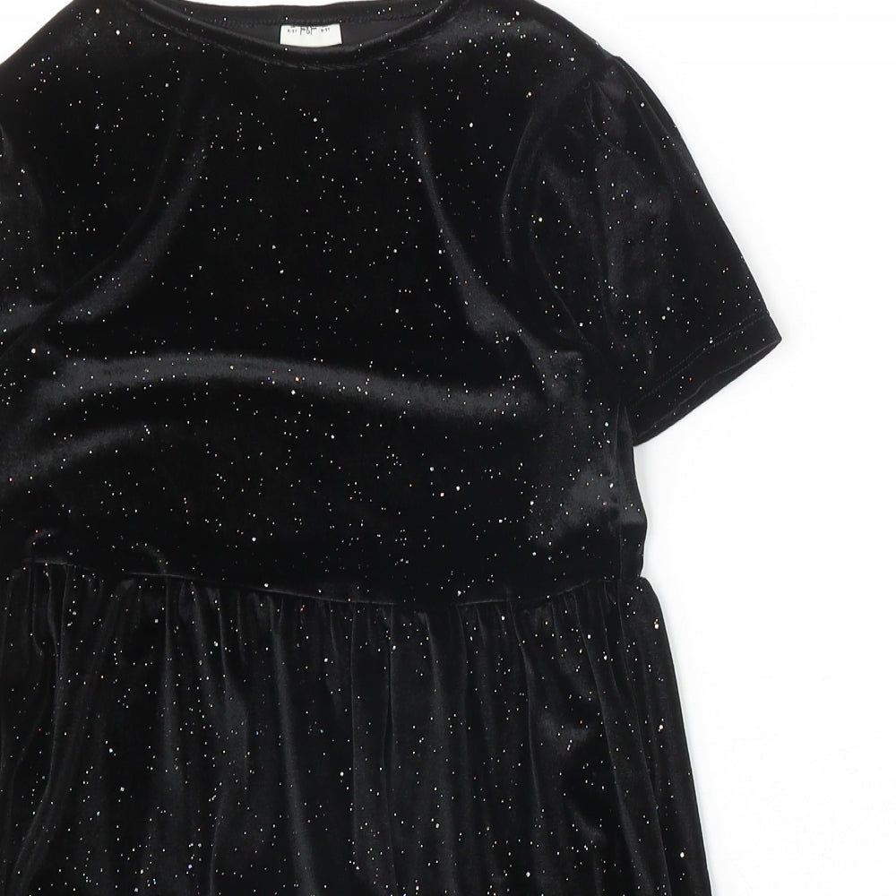 F&F Girls Black Polyester Skater Dress Size 8-9 Years Round Neck Pullover