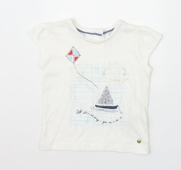 Marks and Spencer Girls Ivory 100% Cotton Pullover T-Shirt Size 3-6 Months Round Neck Button - Boat