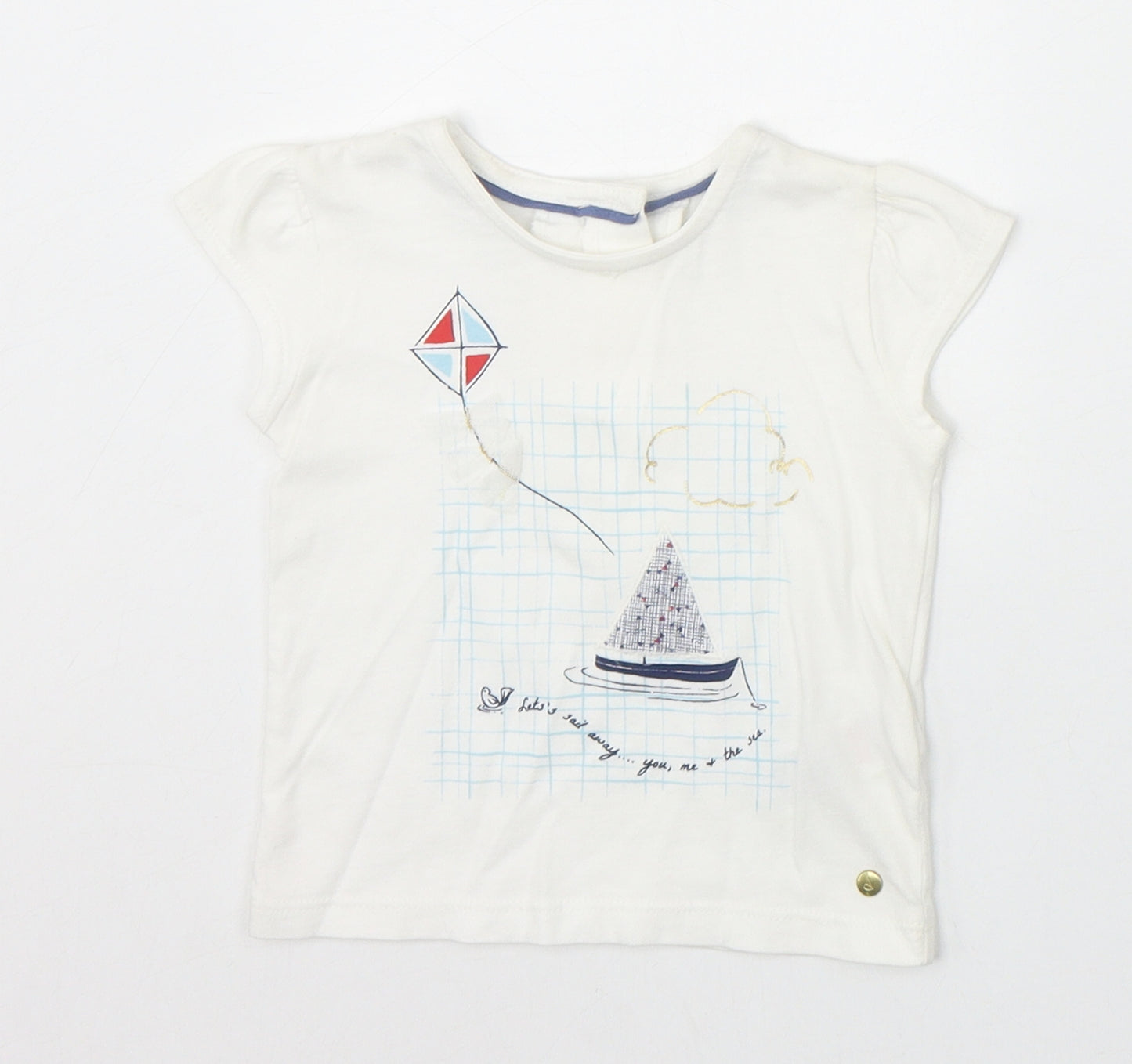 Marks and Spencer Girls Ivory 100% Cotton Pullover T-Shirt Size 3-6 Months Round Neck Button - Boat