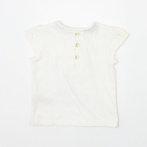 Marks and Spencer Girls Ivory 100% Cotton Pullover T-Shirt Size 3-6 Months Round Neck Button - Boat
