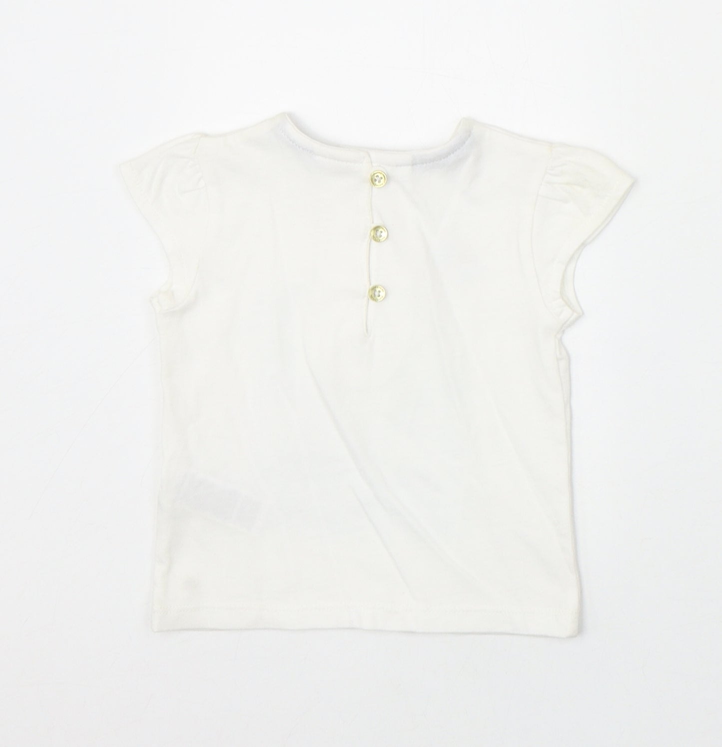 Marks and Spencer Girls Ivory 100% Cotton Pullover T-Shirt Size 3-6 Months Round Neck Button - Boat