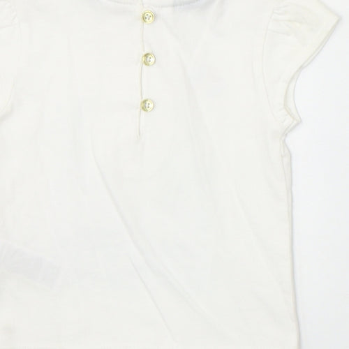 Marks and Spencer Girls Ivory 100% Cotton Pullover T-Shirt Size 3-6 Months Round Neck Button - Boat