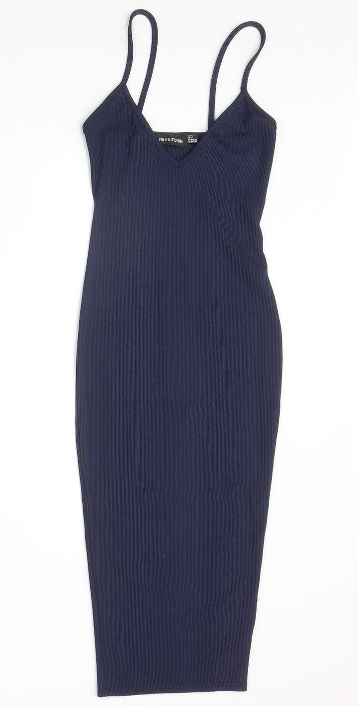 PRETTYLITTLETHING Womens Blue Polyester Bodycon Size 4 V-Neck Pullover - Ribbed