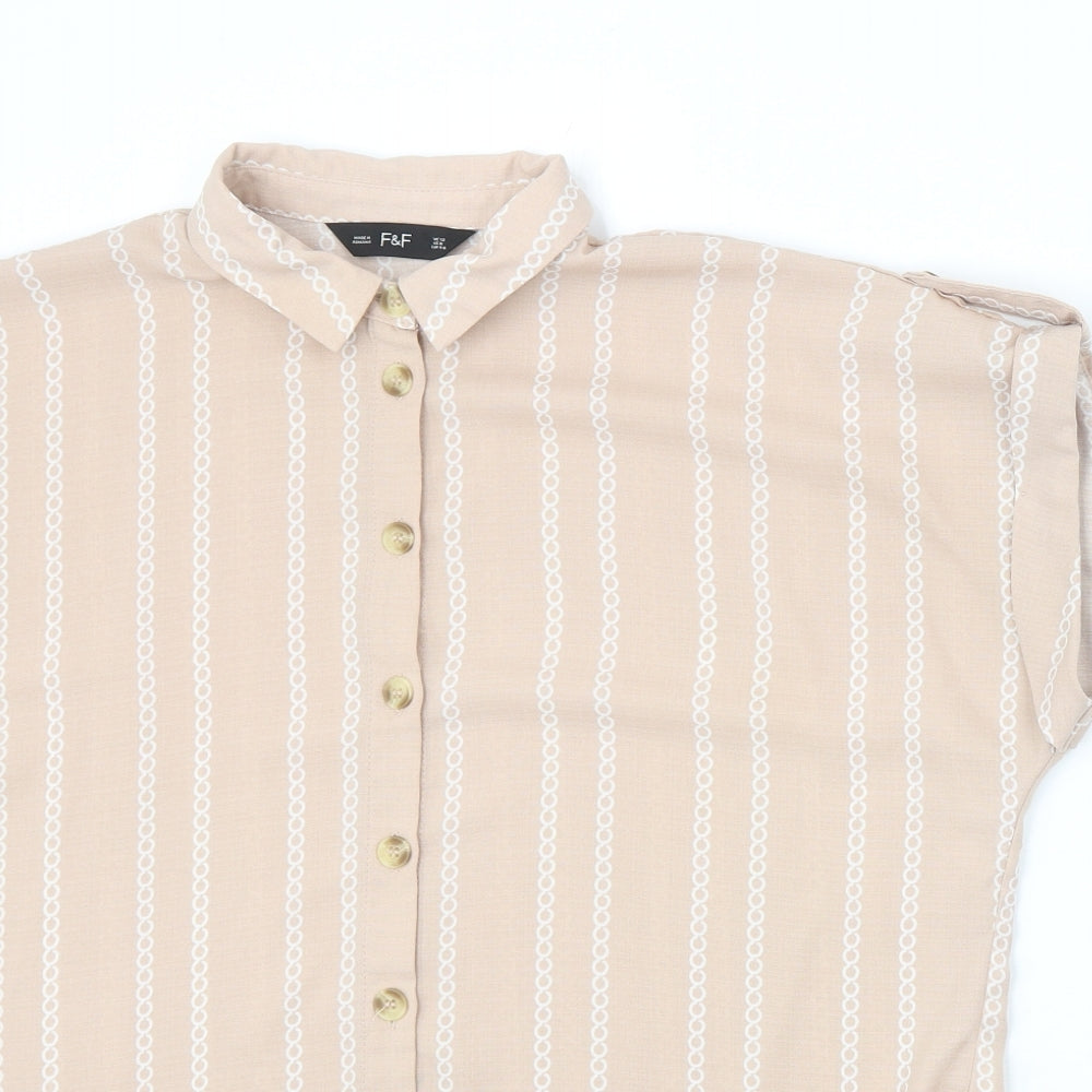 F&F Womens Pink Striped Polyester Basic Button-Up Size 12 Collared