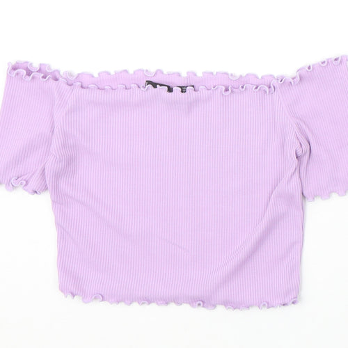 PRETTYLITTLETHING Womens Purple Polyester Cropped T-Shirt Size 6 Off the Shoulder - Lettuce Hem