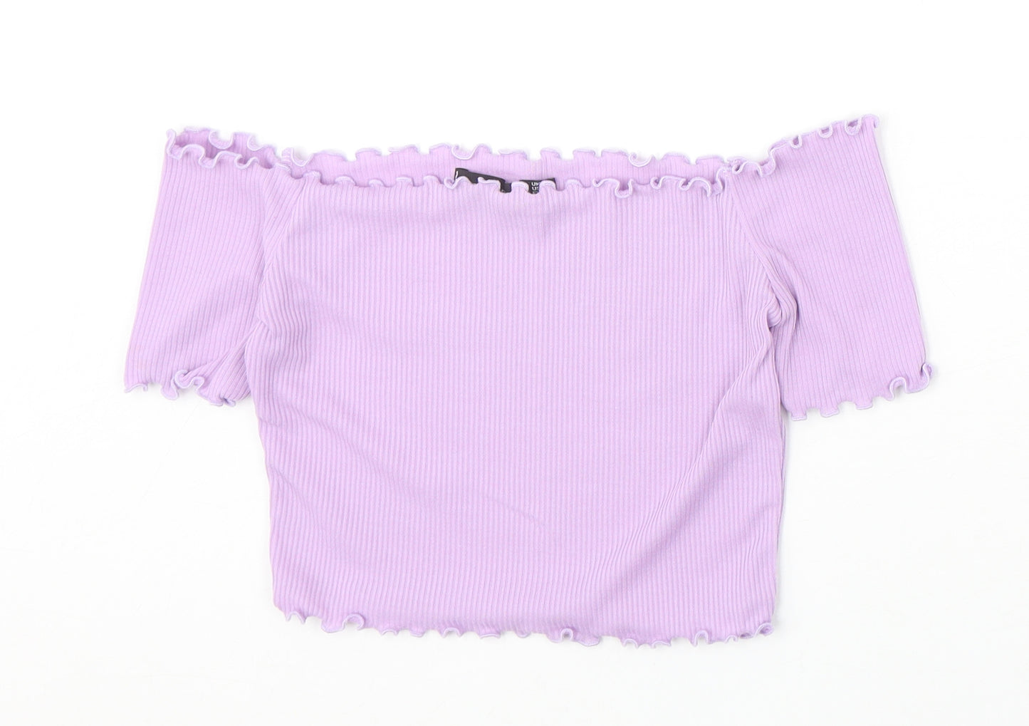 PRETTYLITTLETHING Womens Purple Polyester Cropped T-Shirt Size 6 Off the Shoulder - Lettuce Hem