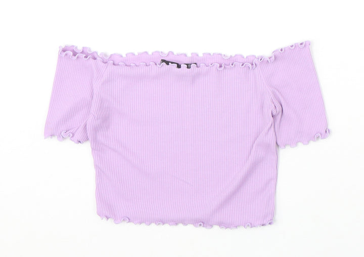 PRETTYLITTLETHING Womens Purple Polyester Cropped T-Shirt Size 6 Off the Shoulder - Lettuce Hem