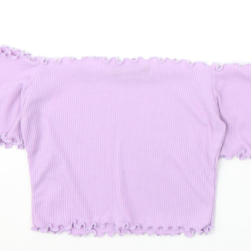 PRETTYLITTLETHING Womens Purple Polyester Cropped T-Shirt Size 6 Off the Shoulder - Lettuce Hem