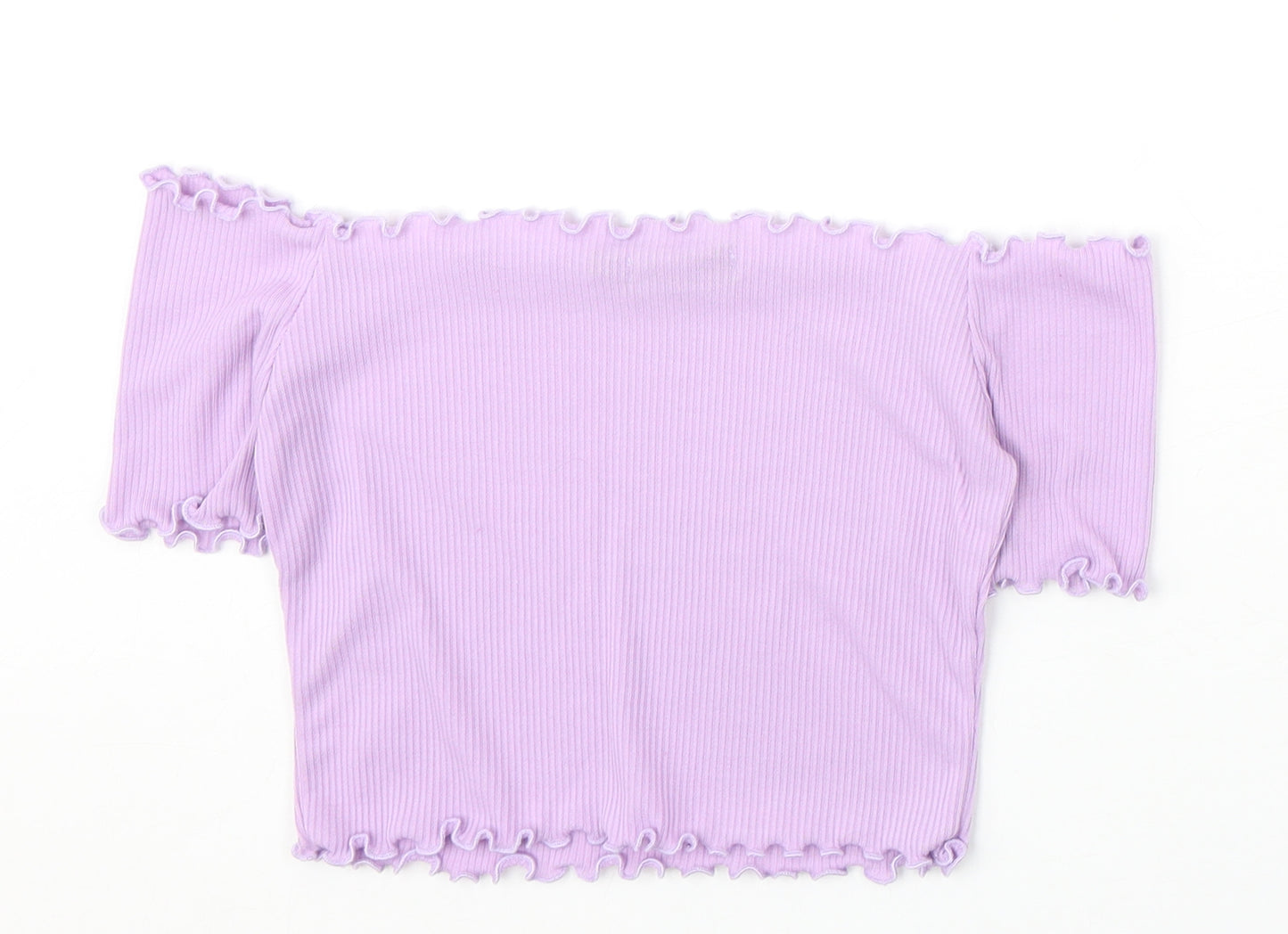 PRETTYLITTLETHING Womens Purple Polyester Cropped T-Shirt Size 6 Off the Shoulder - Lettuce Hem