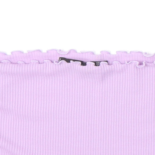 PRETTYLITTLETHING Womens Purple Polyester Cropped T-Shirt Size 6 Off the Shoulder - Lettuce Hem