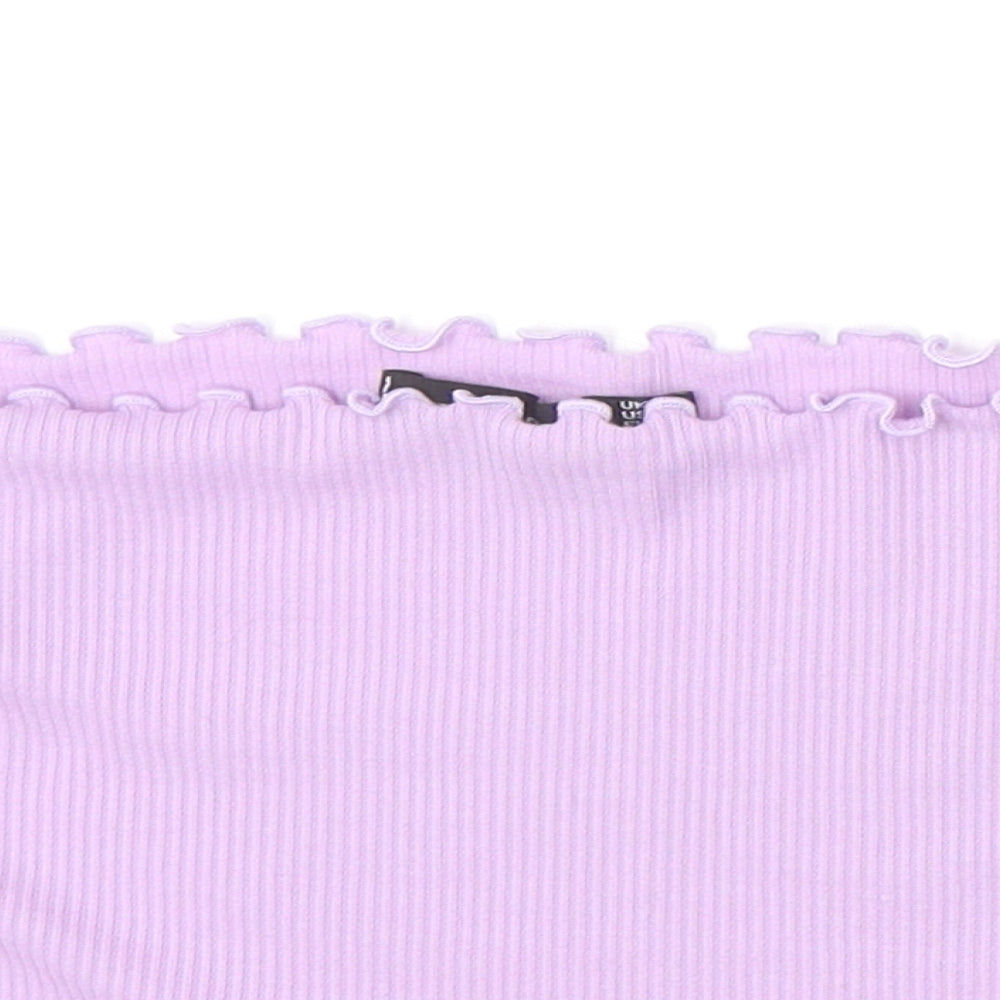 PRETTYLITTLETHING Womens Purple Polyester Cropped T-Shirt Size 6 Off the Shoulder - Lettuce Hem