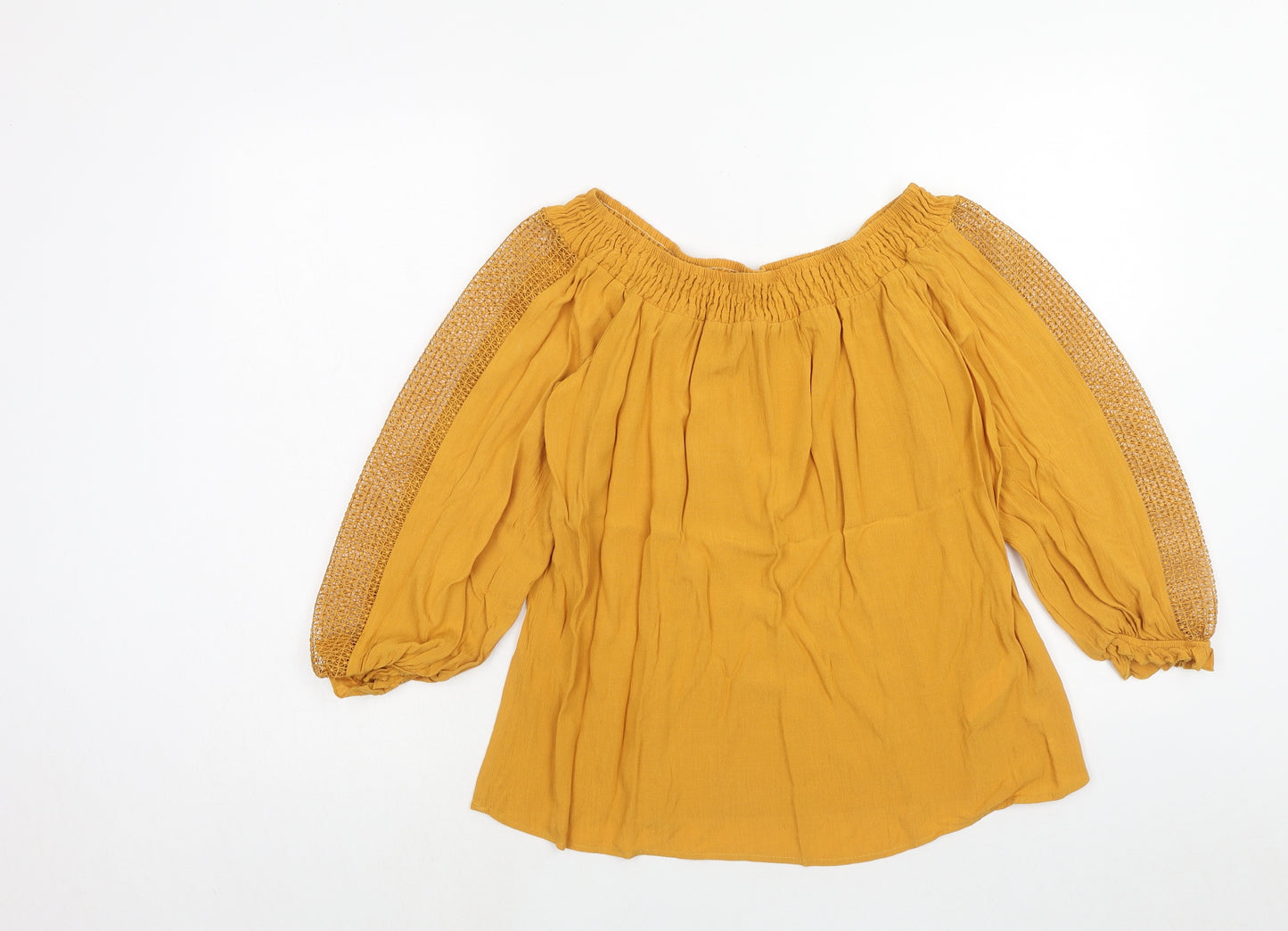 F&F Womens Yellow Viscose Basic Blouse Size 12 Off the Shoulder - Lace Sleeve Detail Bardot