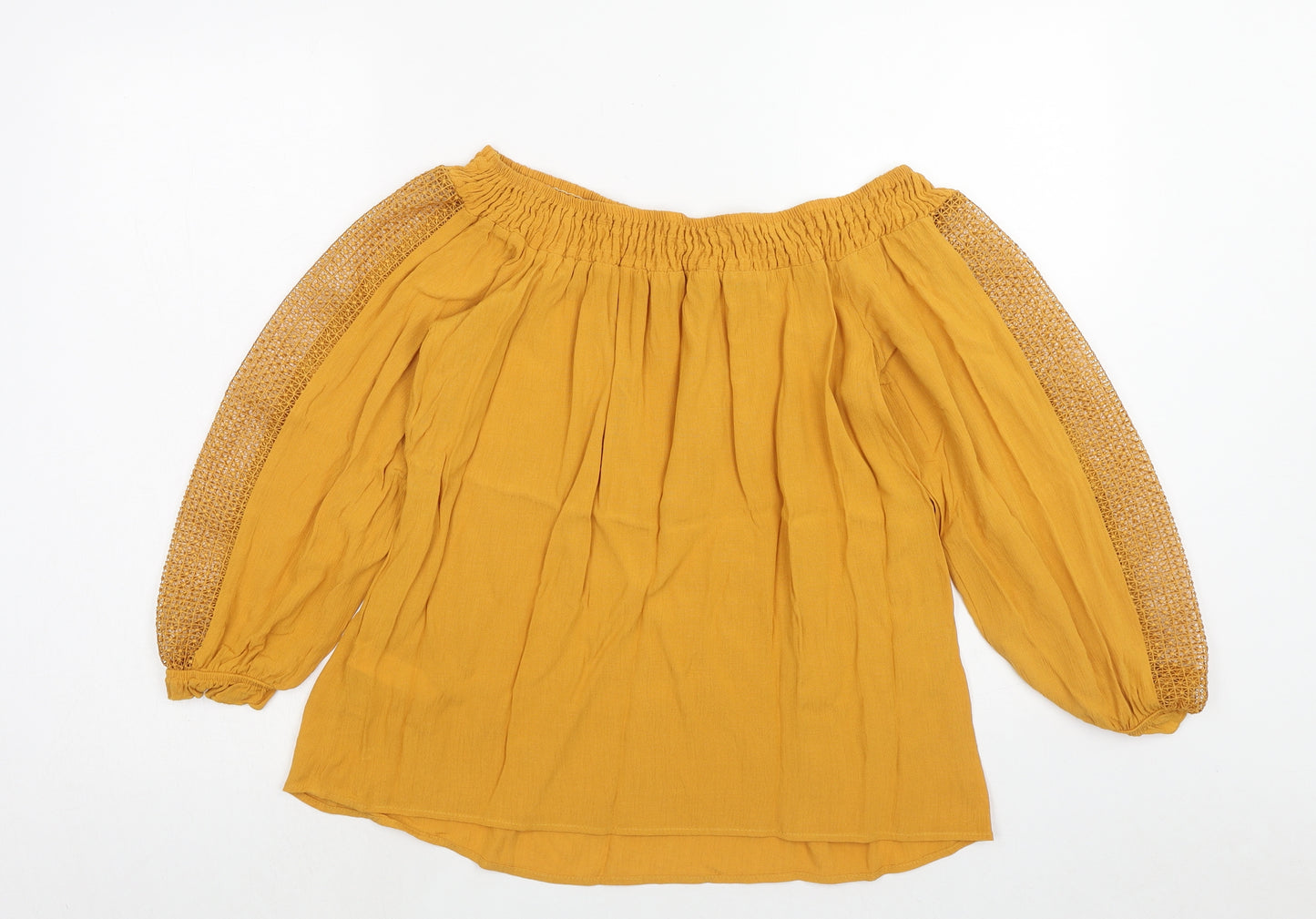 F&F Womens Yellow Viscose Basic Blouse Size 12 Off the Shoulder - Lace Sleeve Detail Bardot