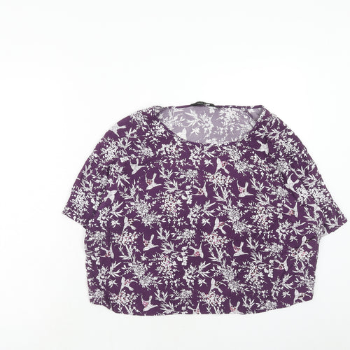 New Look Womens Purple Floral Viscose Cropped T-Shirt Size 12 Boat Neck - Bird Print