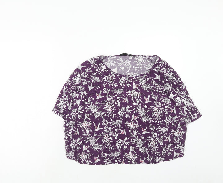New Look Womens Purple Floral Viscose Cropped T-Shirt Size 12 Boat Neck - Bird Print