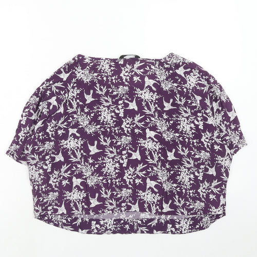 New Look Womens Purple Floral Viscose Cropped T-Shirt Size 12 Boat Neck - Bird Print