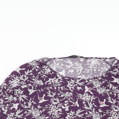 New Look Womens Purple Floral Viscose Cropped T-Shirt Size 12 Boat Neck - Bird Print