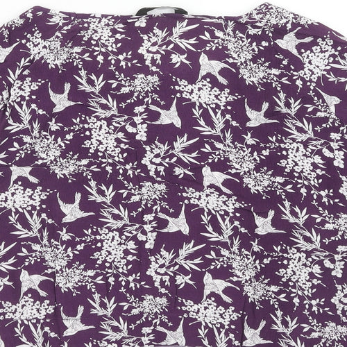 New Look Womens Purple Floral Viscose Cropped T-Shirt Size 12 Boat Neck - Bird Print