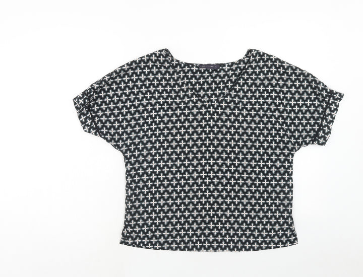 Marks and Spencer Womens Black Geometric Polyester Basic Blouse Size 10 V-Neck