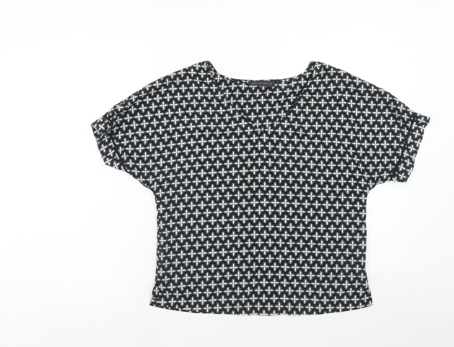 Marks and Spencer Womens Black Geometric Polyester Basic Blouse Size 10 V-Neck