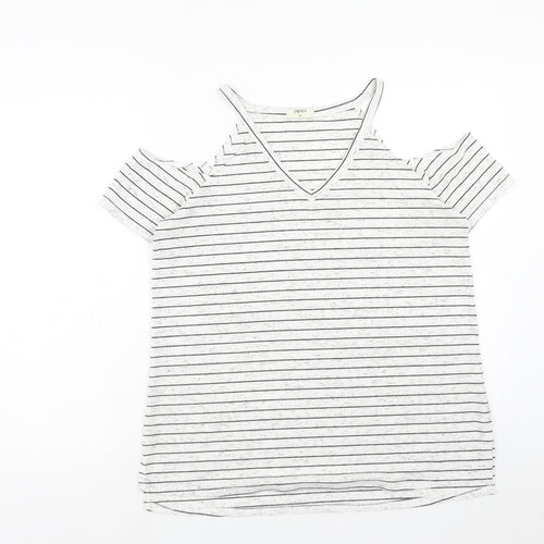 Papaya Womens White Striped Polyester Basic T-Shirt Size 12 V-Neck - Cold Shoulder