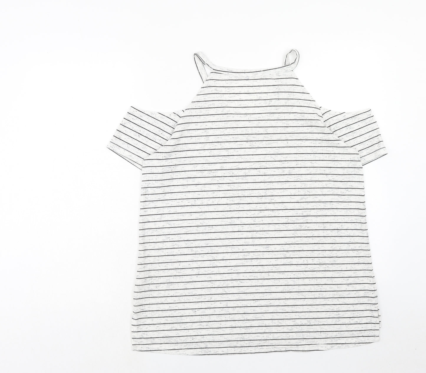 Papaya Womens White Striped Polyester Basic T-Shirt Size 12 V-Neck - Cold Shoulder
