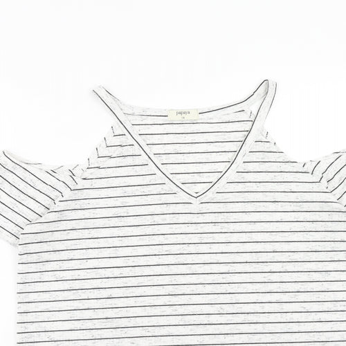 Papaya Womens White Striped Polyester Basic T-Shirt Size 12 V-Neck - Cold Shoulder