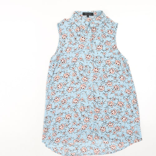 New Look Womens Blue Floral Polyester Basic Button-Up Size 6 Collared