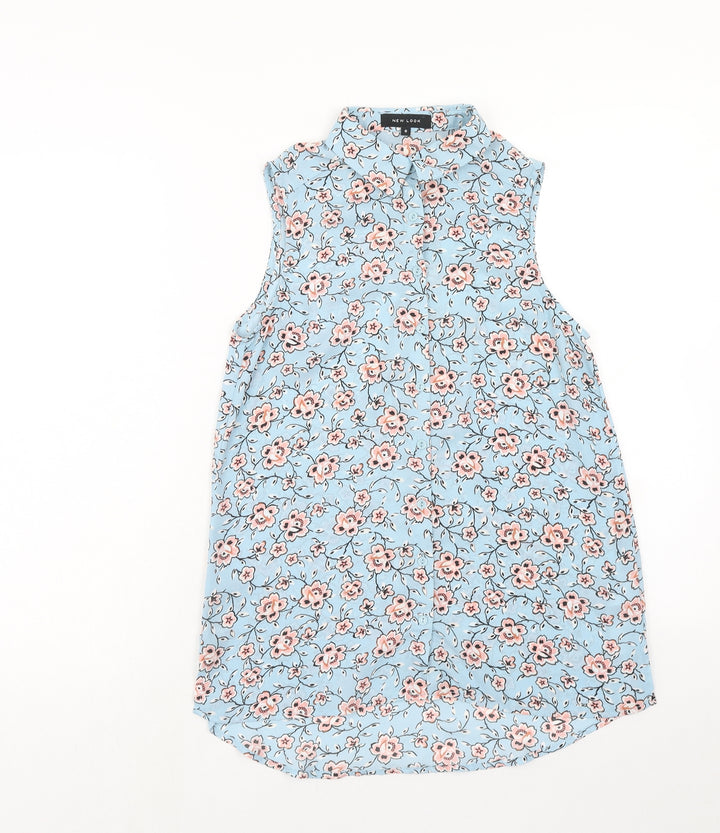 New Look Womens Blue Floral Polyester Basic Button-Up Size 6 Collared