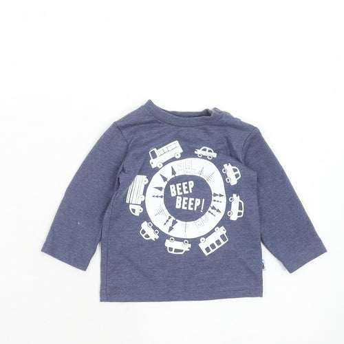 F&F Boys Blue Cotton Pullover T-Shirt Size 0-3 Months Round Neck Button - Cars