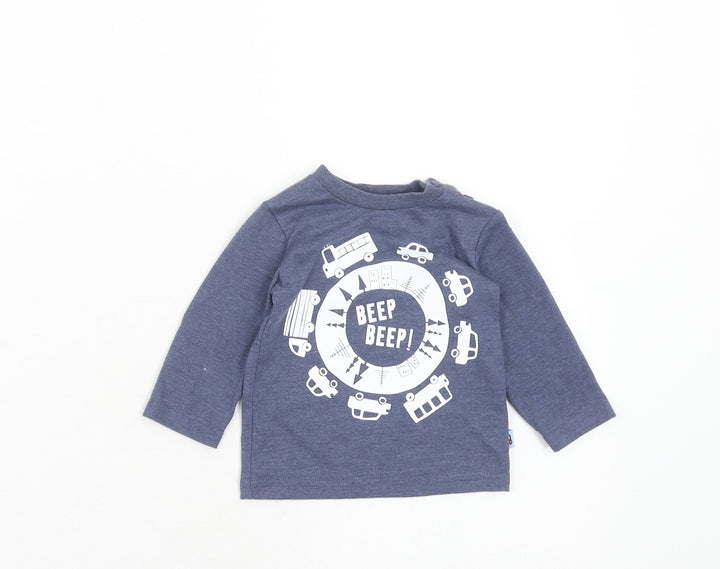 F&F Boys Blue Cotton Pullover T-Shirt Size 0-3 Months Round Neck Button - Cars