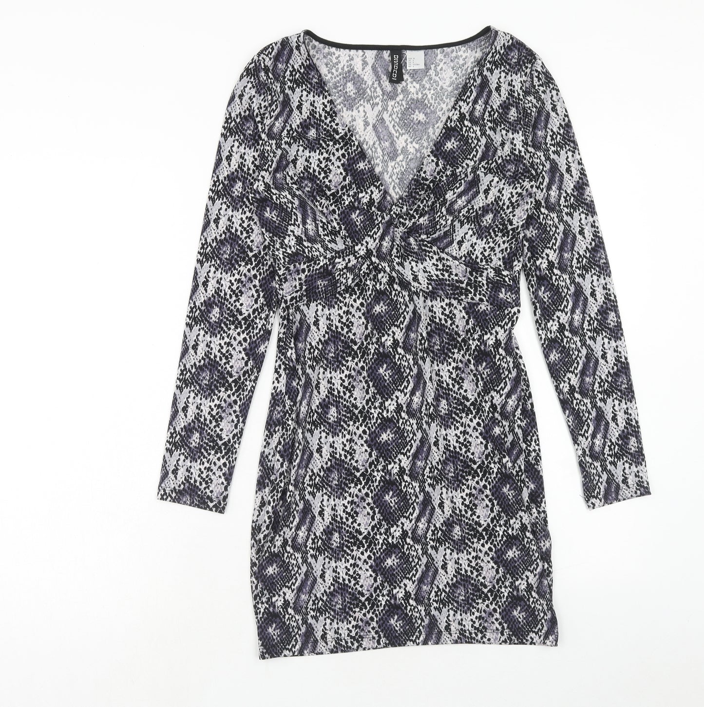 H&M Womens Purple Animal Print Polyester Bodycon Size 10 V-Neck Pullover - Snake Skin Print Knot Front