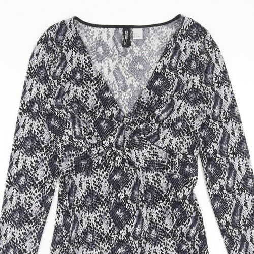 H&M Womens Purple Animal Print Polyester Bodycon Size 10 V-Neck Pullover - Snake Skin Print Knot Front